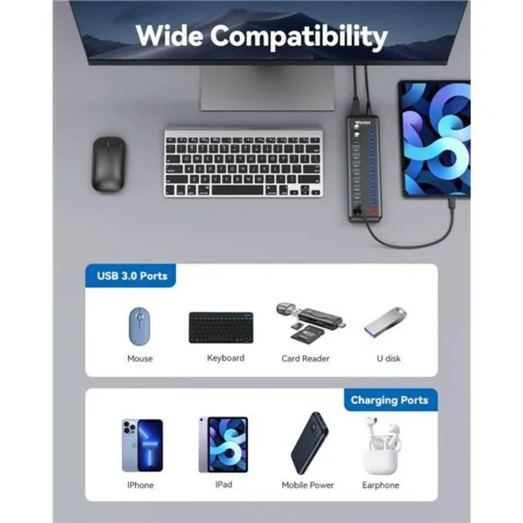 Powered USB Hub 3.0, Wenter 11-Port USB Splitter Hub